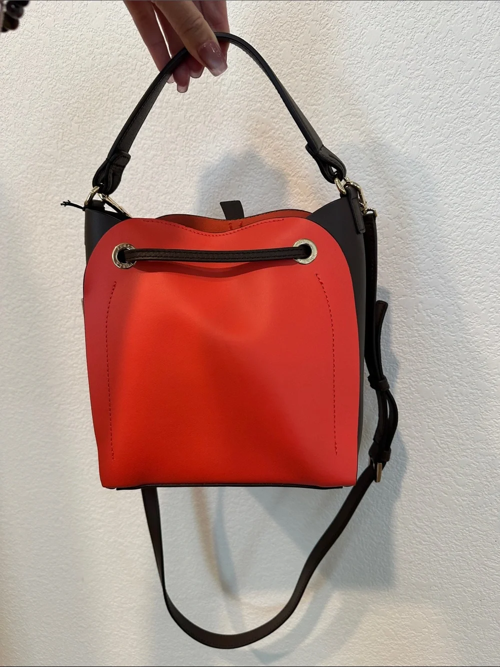 Furla Orange-Red Leather Crossbody with Green Leaf Accent brand new